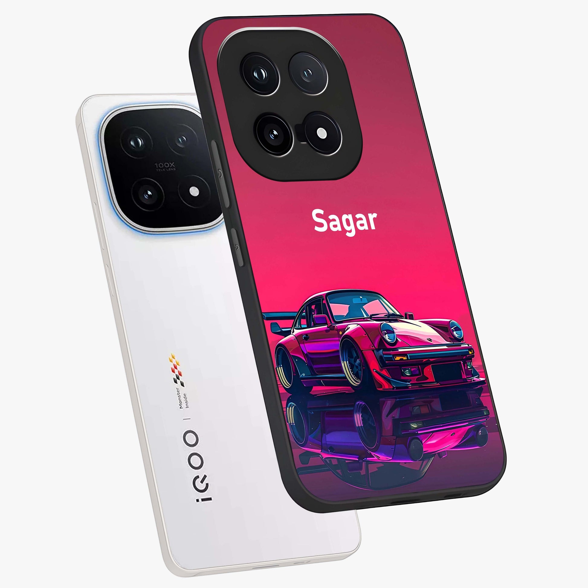 Neon Pink Porsche Glass Case displayed in angled mockup highlighting sleek neon pink car design with racing aesthetic.