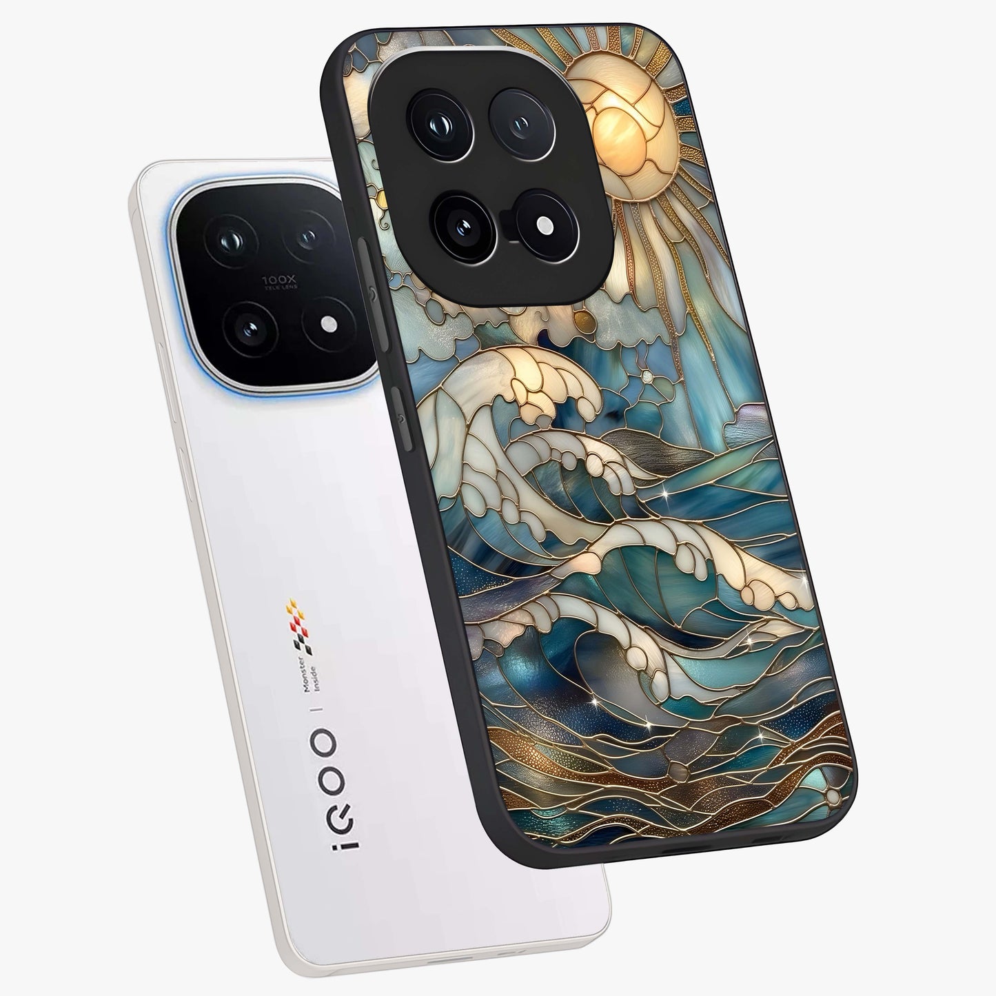 Oceanic Stained Printed Glass Case displayed in angled mockup highlighting colorful aquatic design with artistic aesthetic style.