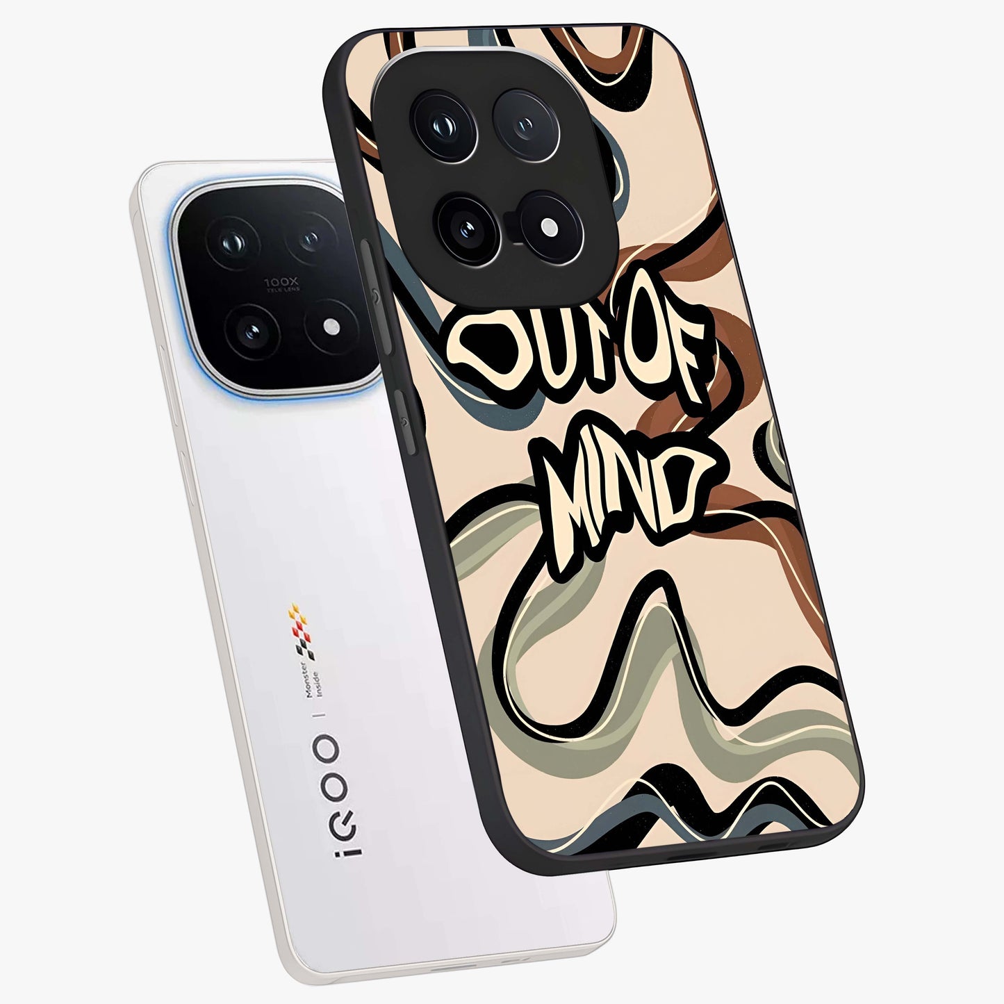 Out Of Mind Glass Case displayed in angled mockup highlighting bold statement design with modern artistic aesthetic.
