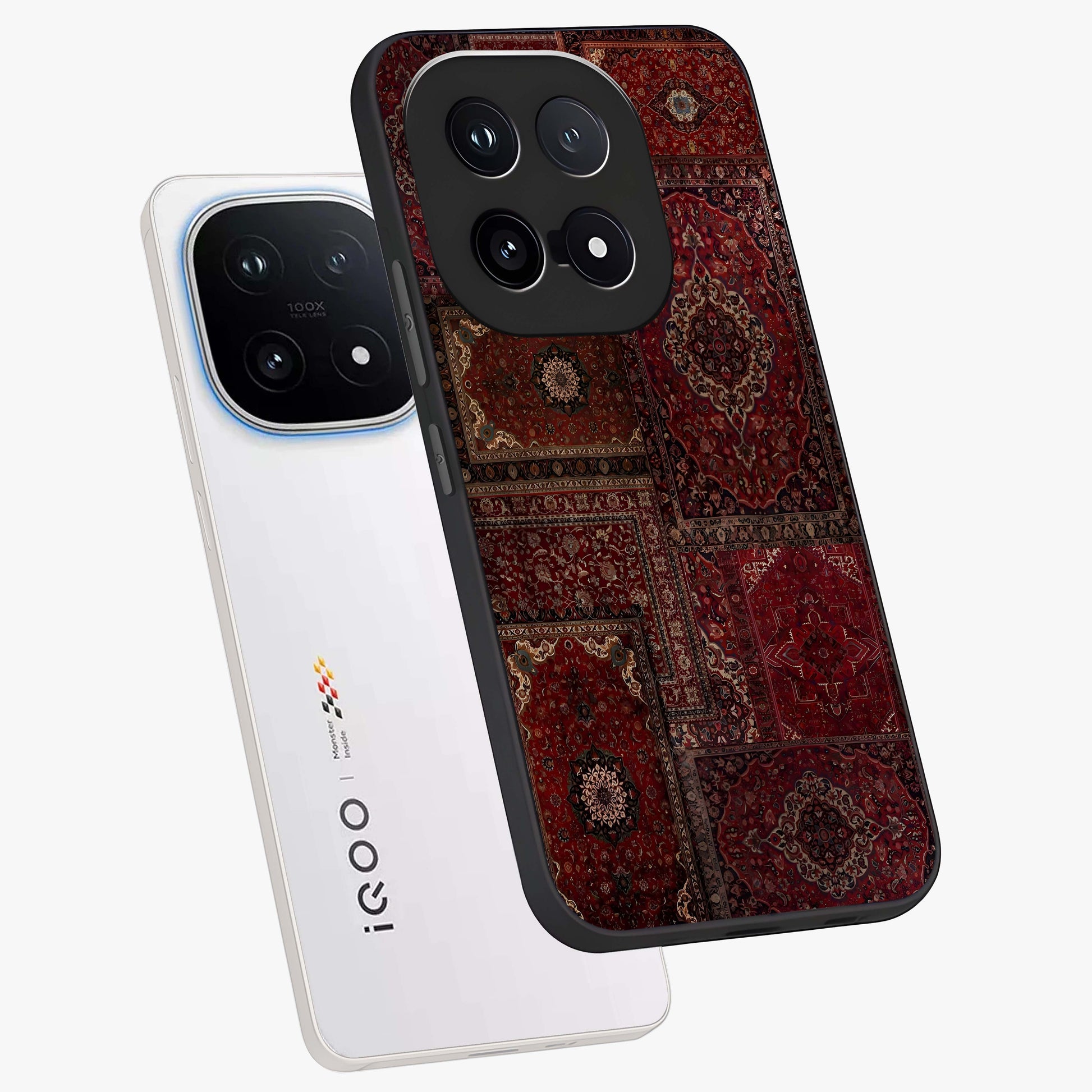 Persian Velvet Tale Glass Case displayed in angled mockup highlighting ornate textile inspired design with royal aesthetic.