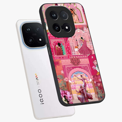 Pink Palace Muse Glass Case displayed in angled mockup highlighting dreamy palace illustration with soft pink aesthetic.