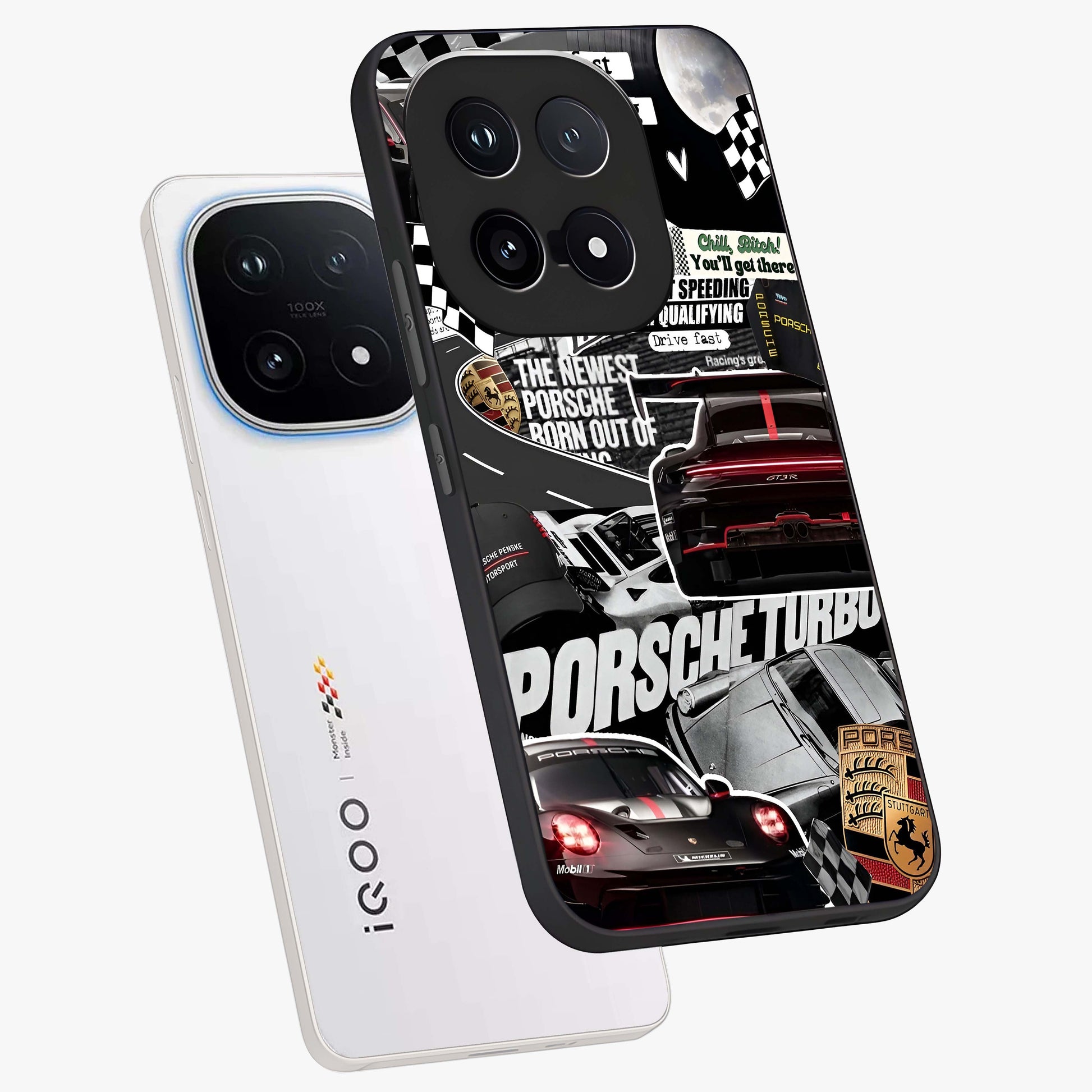 Porsche Racing Collage Glass Case displayed in angled mockup highlighting dynamic automotive design with bold racing aesthetic.