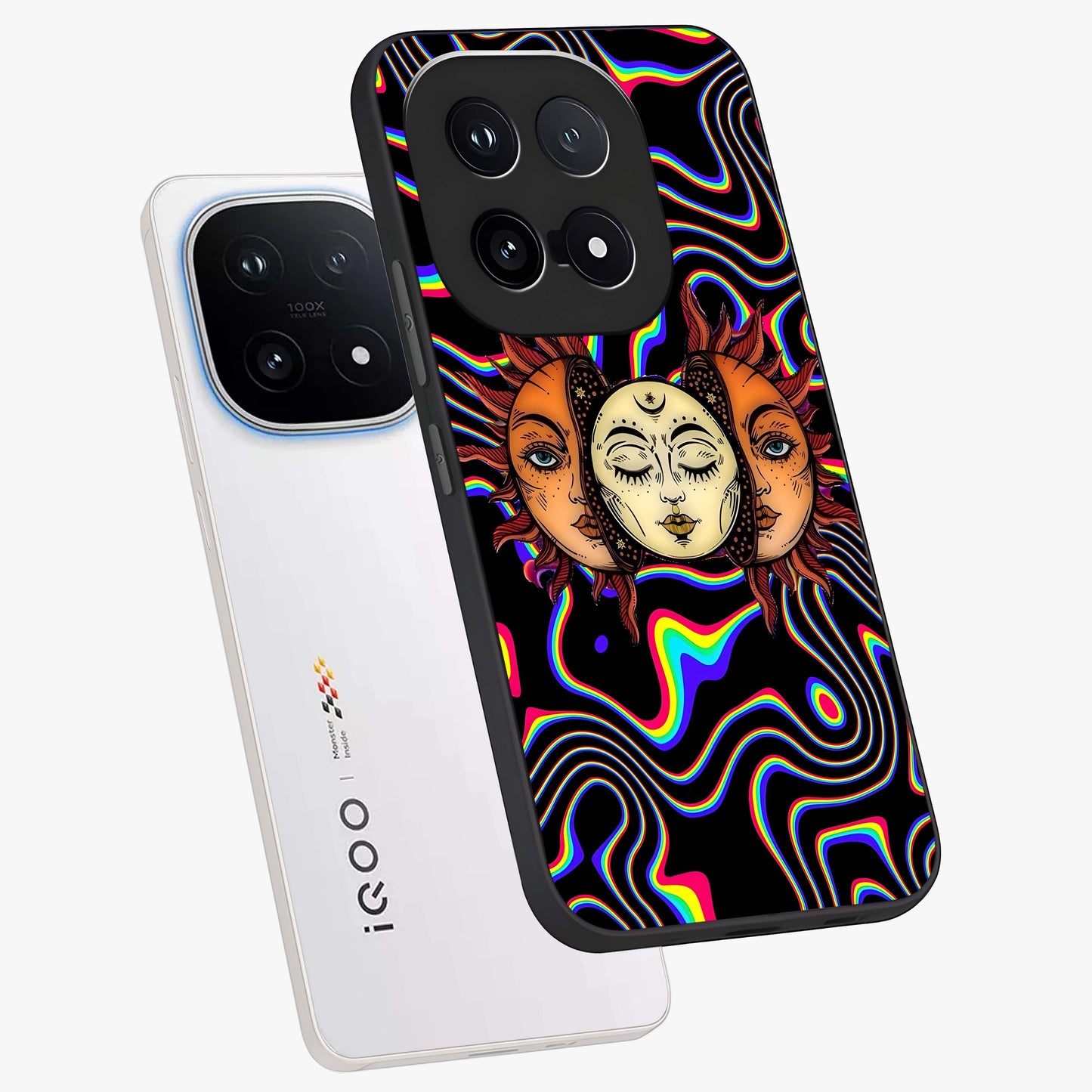 Psychedelic Sun Glass Case displayed in angled mockup highlighting vibrant abstract sun design with artistic aesthetic style.