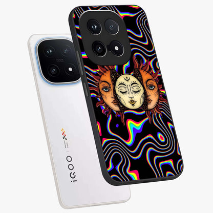 Psychedelic Sun Glass Case displayed in angled mockup highlighting vibrant abstract sun design with artistic aesthetic style.