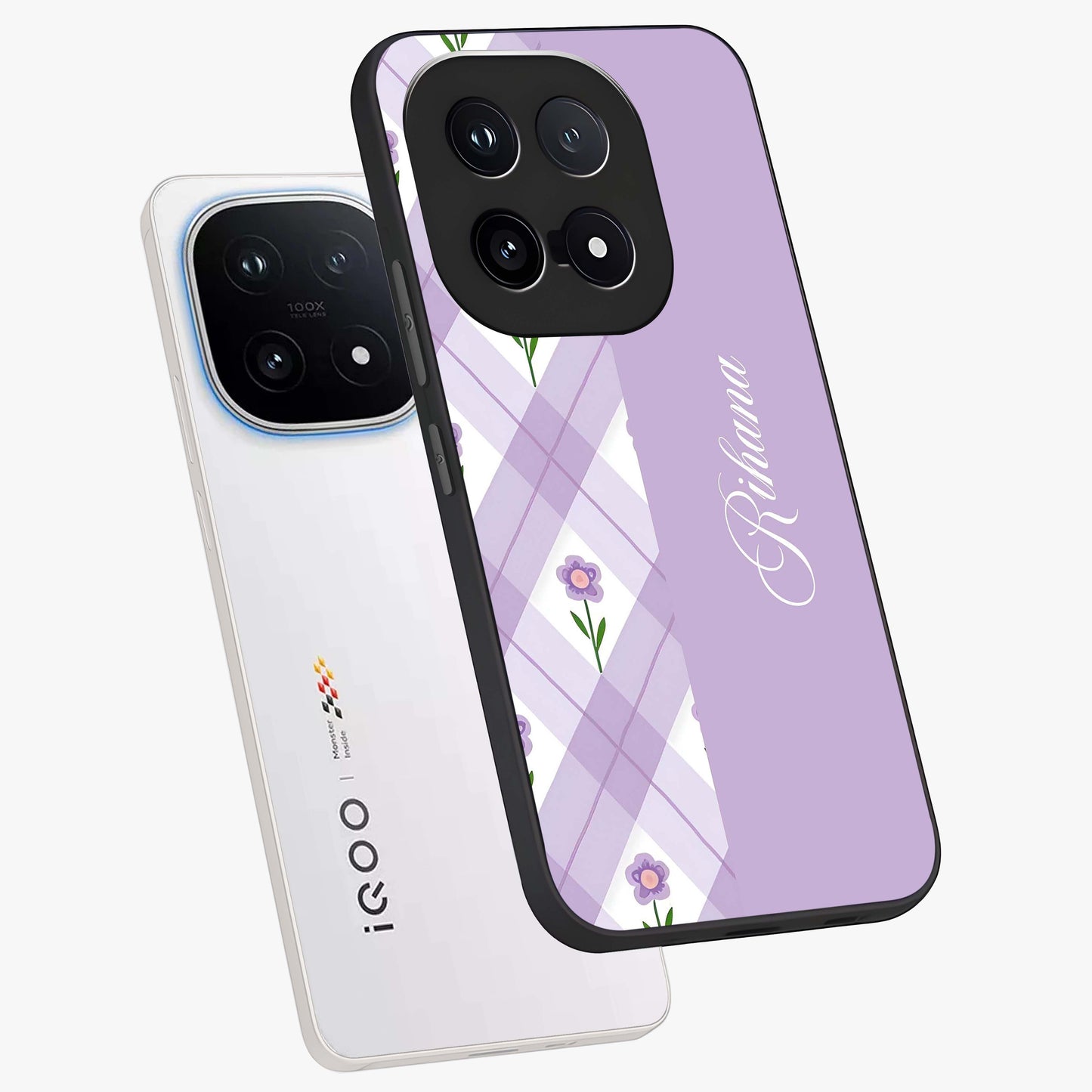 Purple Diamond Floral Glass Case displayed in angled mockup highlighting elegant purple flower design with decorative pattern.