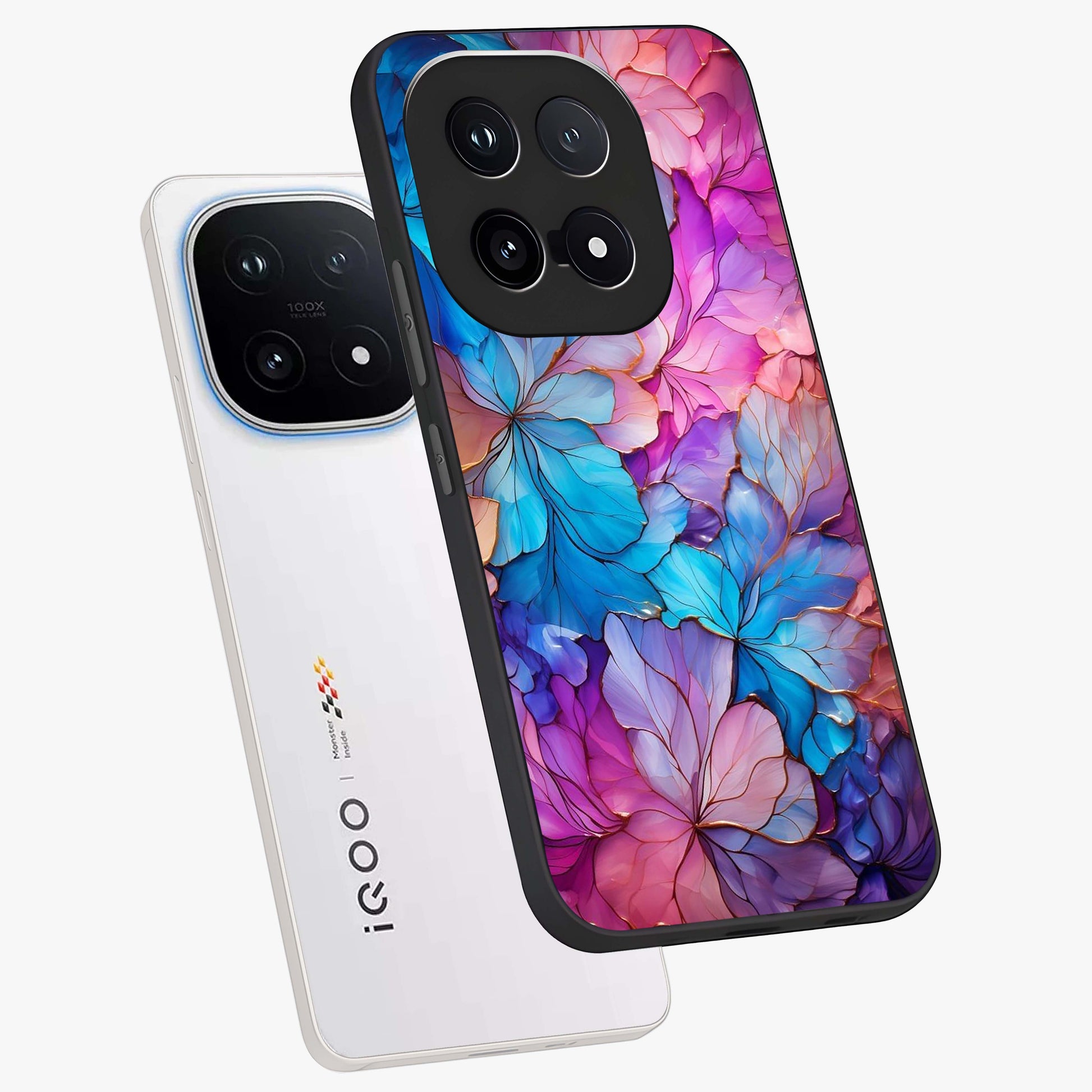 Radiant Floral Whirl Glass Case displayed in angled mockup highlighting vibrant flower pattern with dynamic artistic aesthetic.