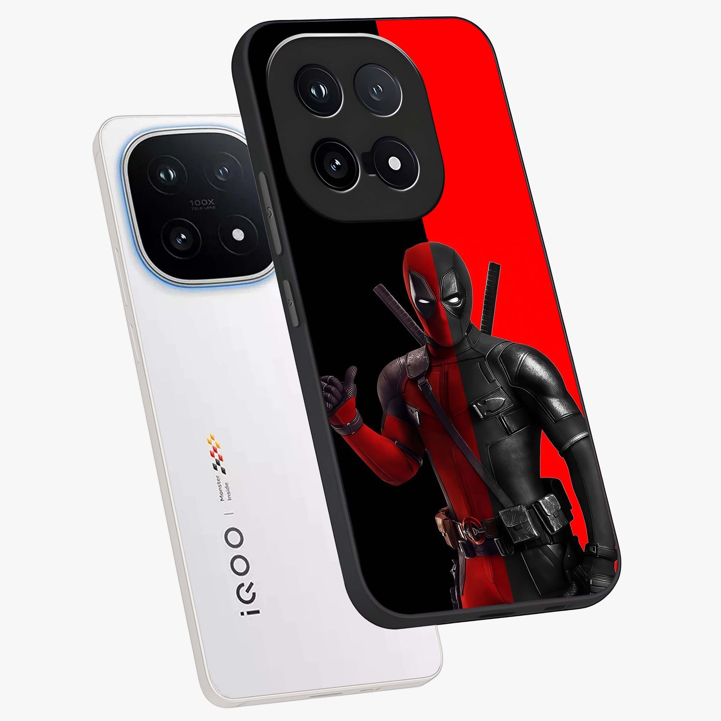Red & Black Deadpool Theme Glass Case displayed in angled mockup highlighting vibrant superhero style illustration with action aesthetic.