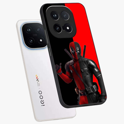 Red & Black Deadpool Theme Glass Case displayed in angled mockup highlighting vibrant superhero style illustration with action aesthetic.
