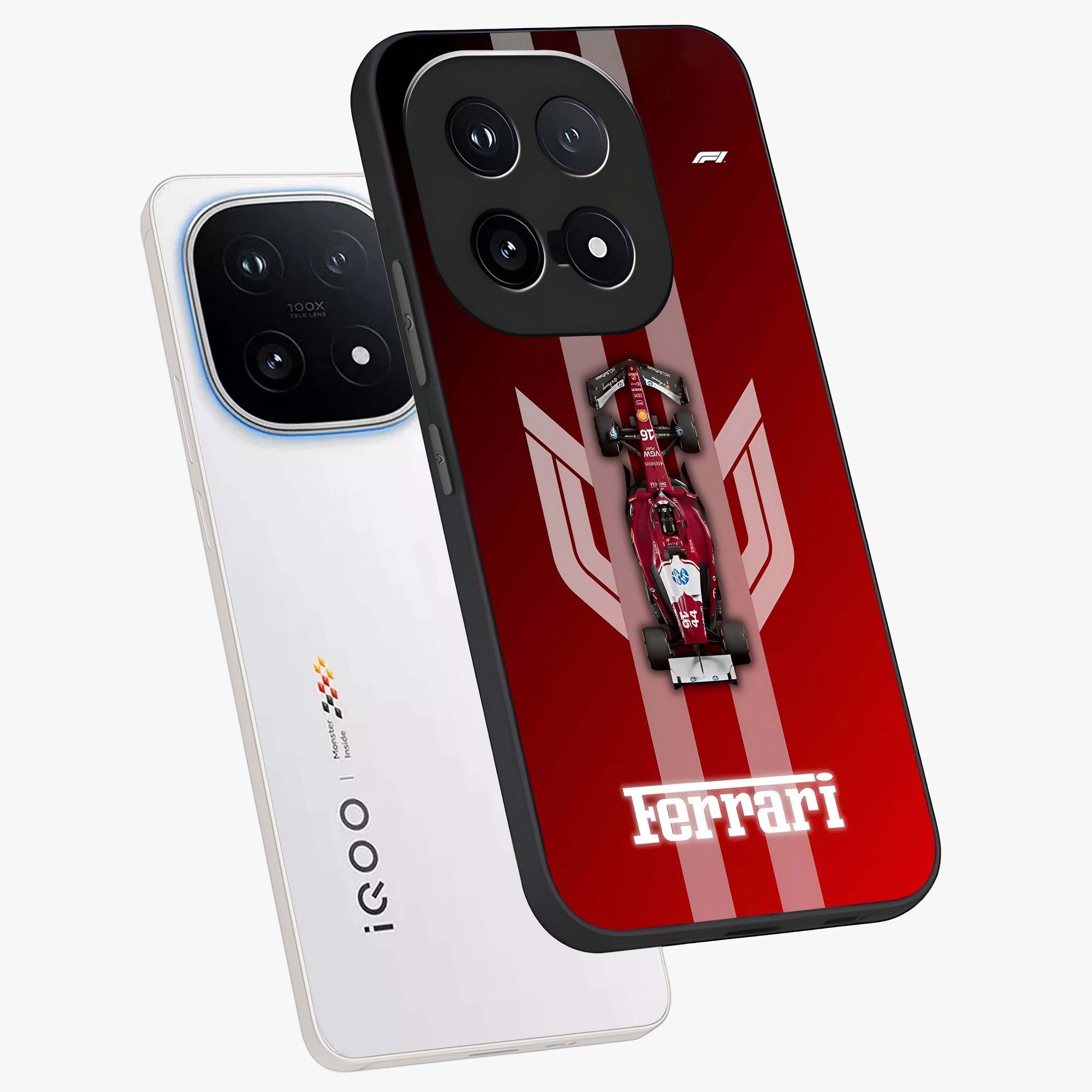 Red Ferrari F1 Vertical Glass Case displayed in angled mockup highlighting high speed racing design with bold automotive aesthetic.