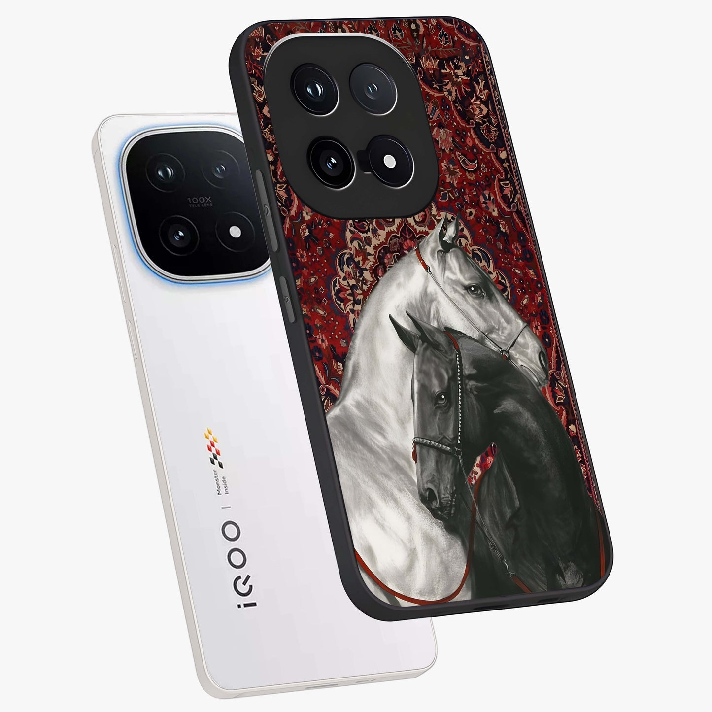 Regal Stallion Tapestry Glass Case displayed in angled mockup highlighting royal stallion design with decorative heritage aesthetic.