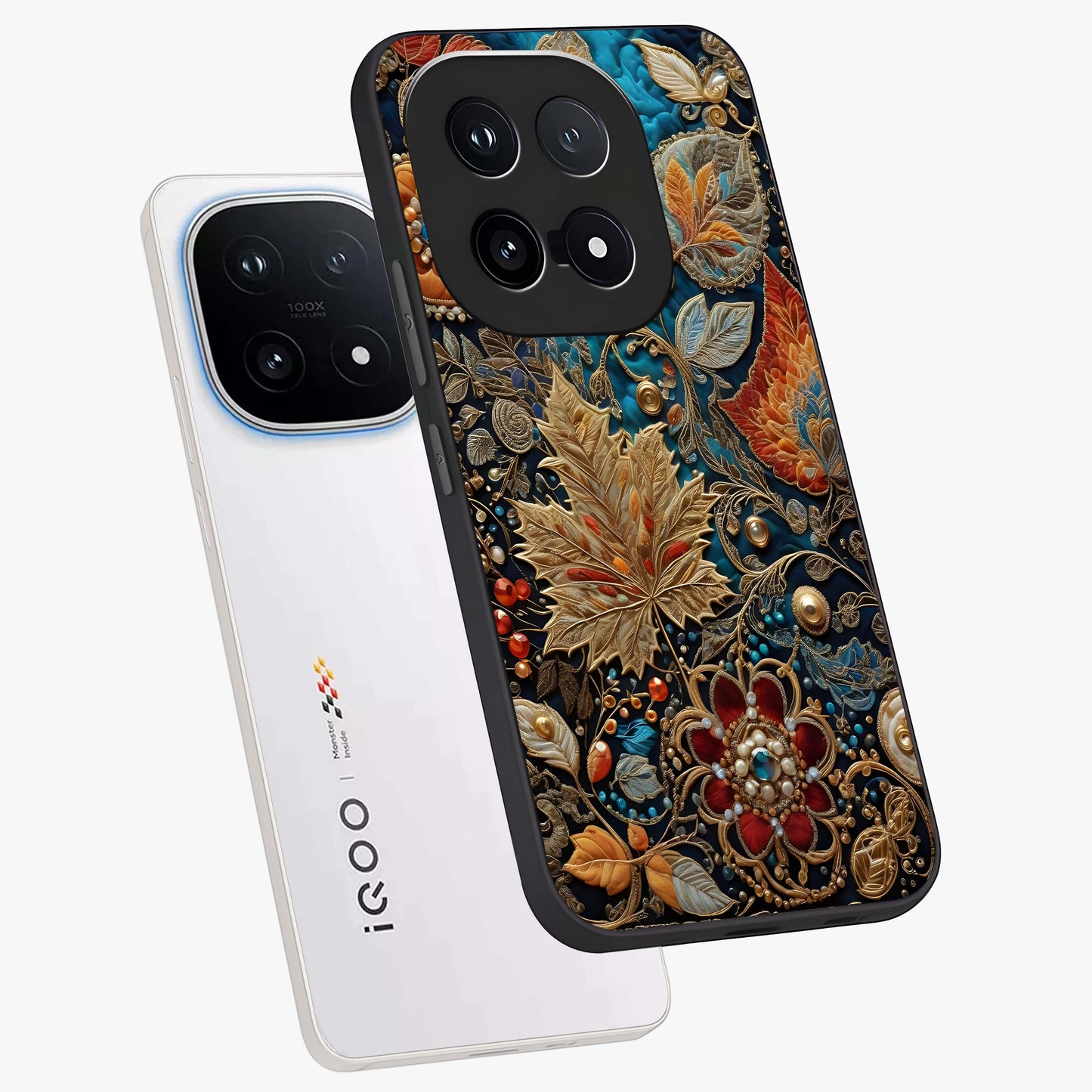Royal Jewel Garden Glass Case displayed in angled mockup highlighting vibrant jewel inspired floral design with elegant aesthetic.
