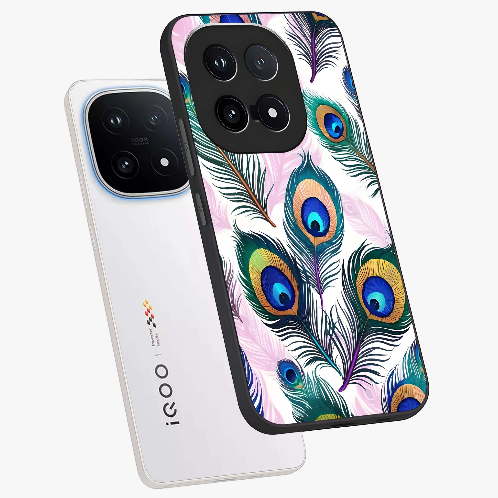 Royal Peacock Feathers Glass Case displayed in angled mockup highlighting vibrant feather pattern with regal aesthetic style.