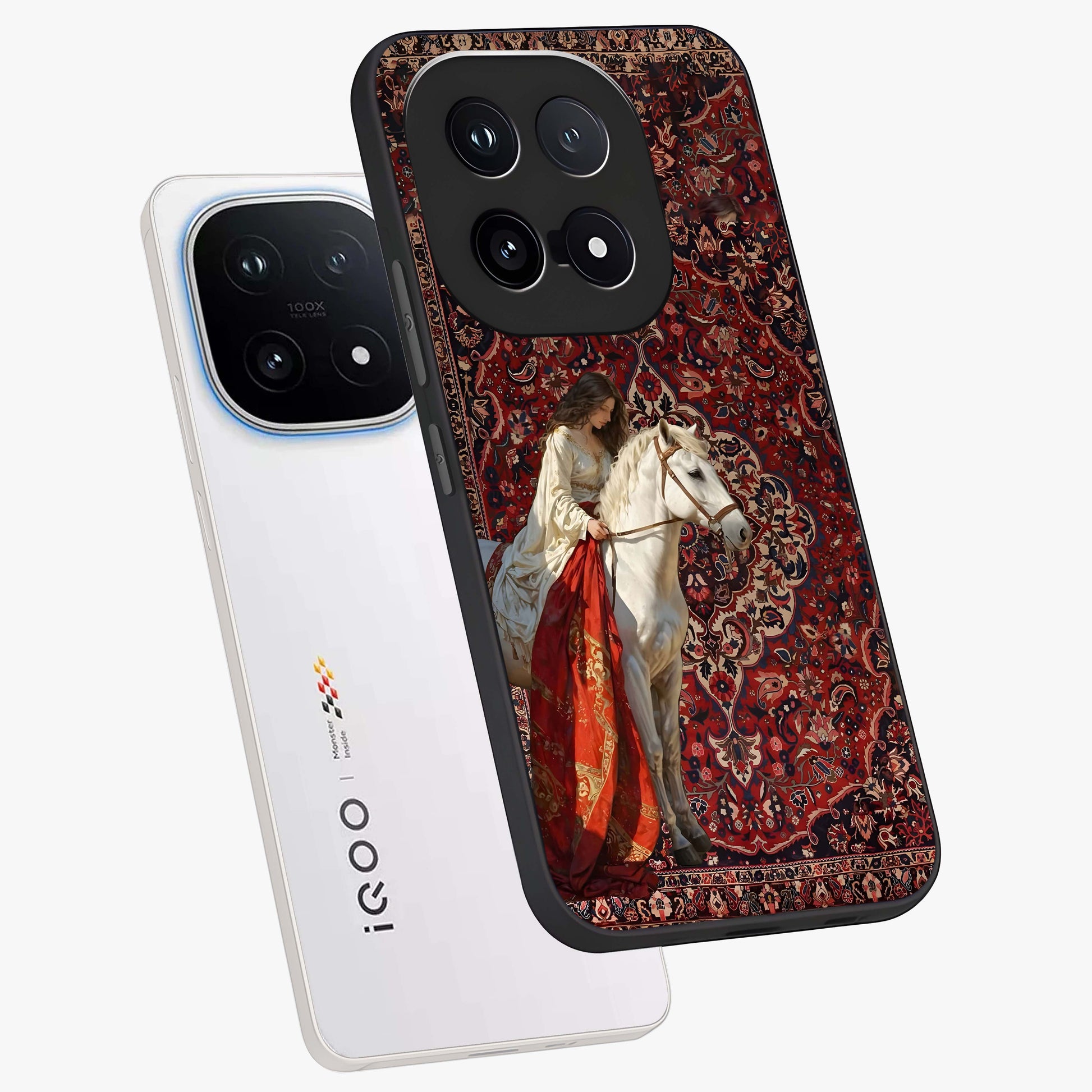 Royal Rider Tapestry Glass Case displayed in angled mockup highlighting traditional tapestry design with royal heritage aesthetic.