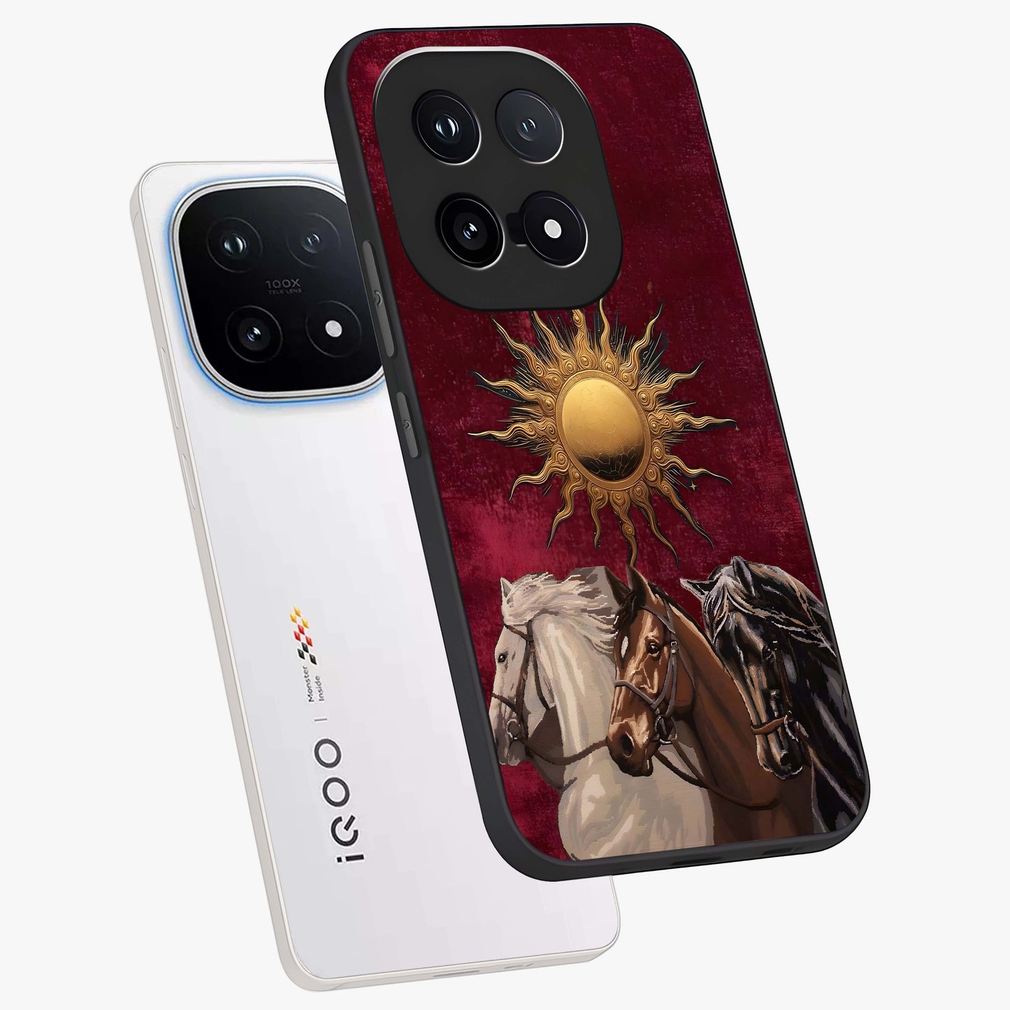 Solar Riders Glass Case displayed in angled mockup highlighting powerful rider illustration with radiant solar aesthetic.