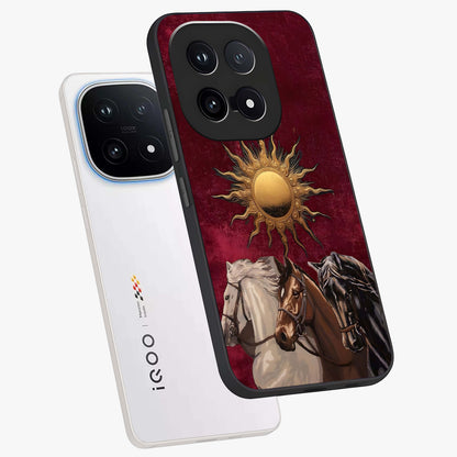 Solar Riders Glass Case displayed in angled mockup highlighting powerful rider illustration with radiant solar aesthetic.