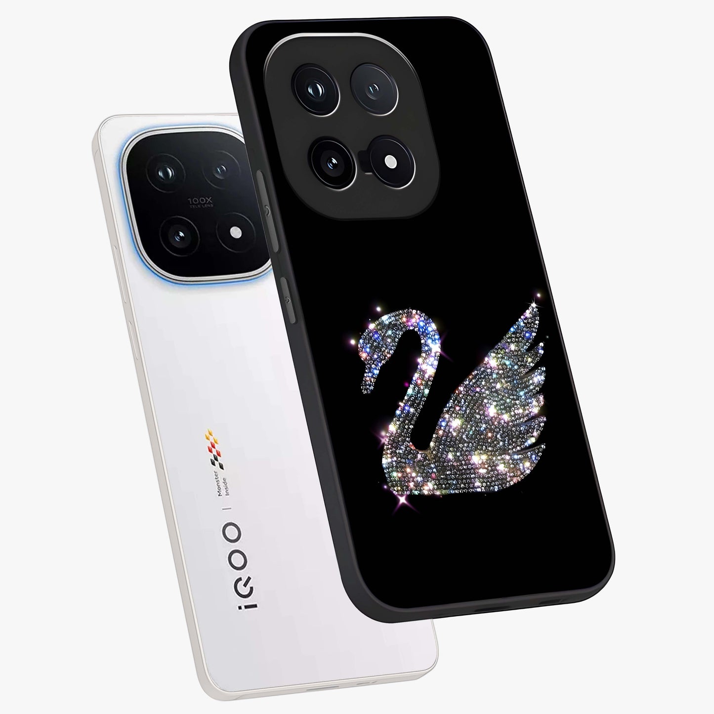 Starlit Swan Grace Glass Case displayed in angled mockup highlighting elegant swan illustration with dreamy celestial aesthetic.