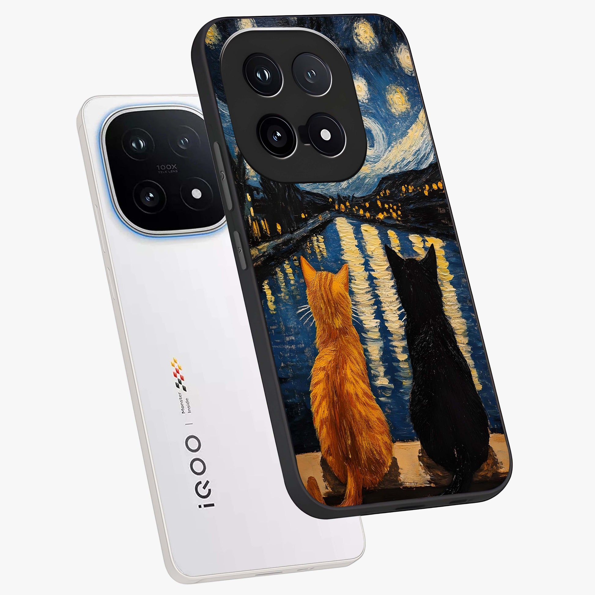 Starry River Cats Glass Case displayed in angled mockup highlighting charming feline illustration with dreamy night aesthetic.