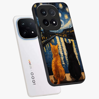 Starry River Cats Glass Case displayed in angled mockup highlighting charming feline illustration with dreamy night aesthetic.