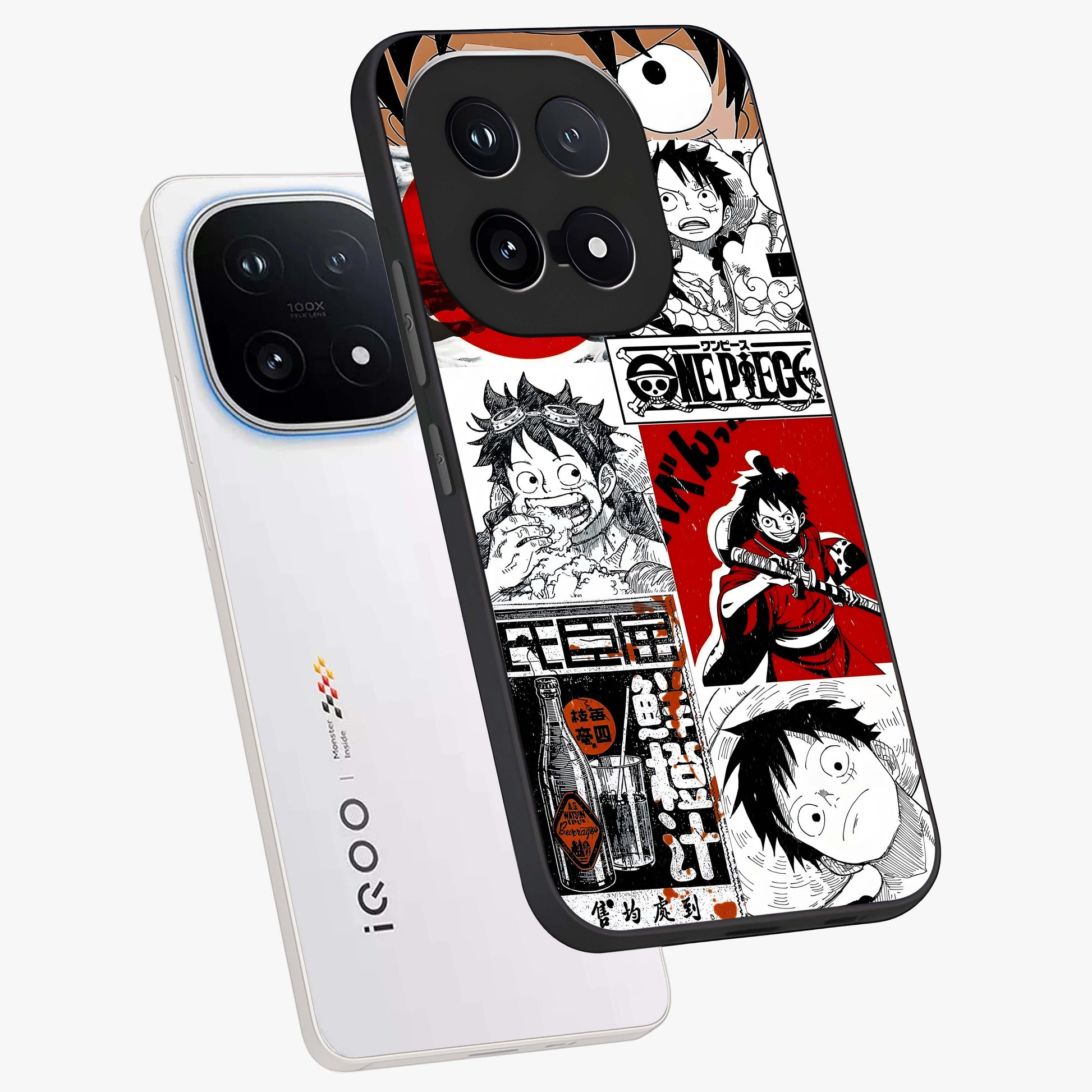 Strawhat Chaos Panels Glass Case displayed in angled mockup highlighting vibrant anime collage design with action aesthetic.