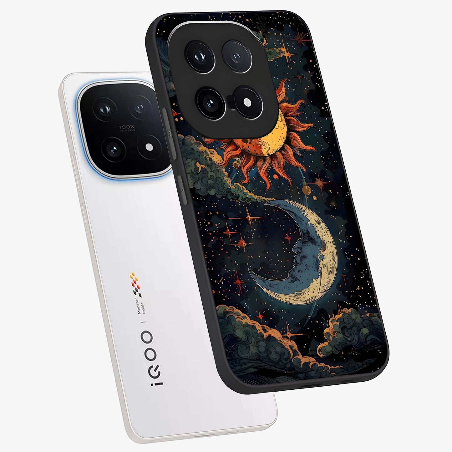 Sun And Moon Magic Design Glass Case displayed in angled mockup highlighting celestial design with magical cosmic aesthetic.