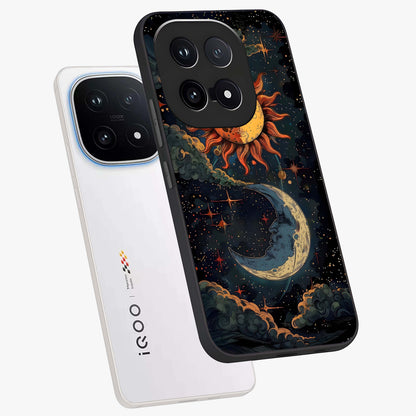 Sun And Moon Magic Design Glass Case displayed in angled mockup highlighting celestial design with magical cosmic aesthetic.