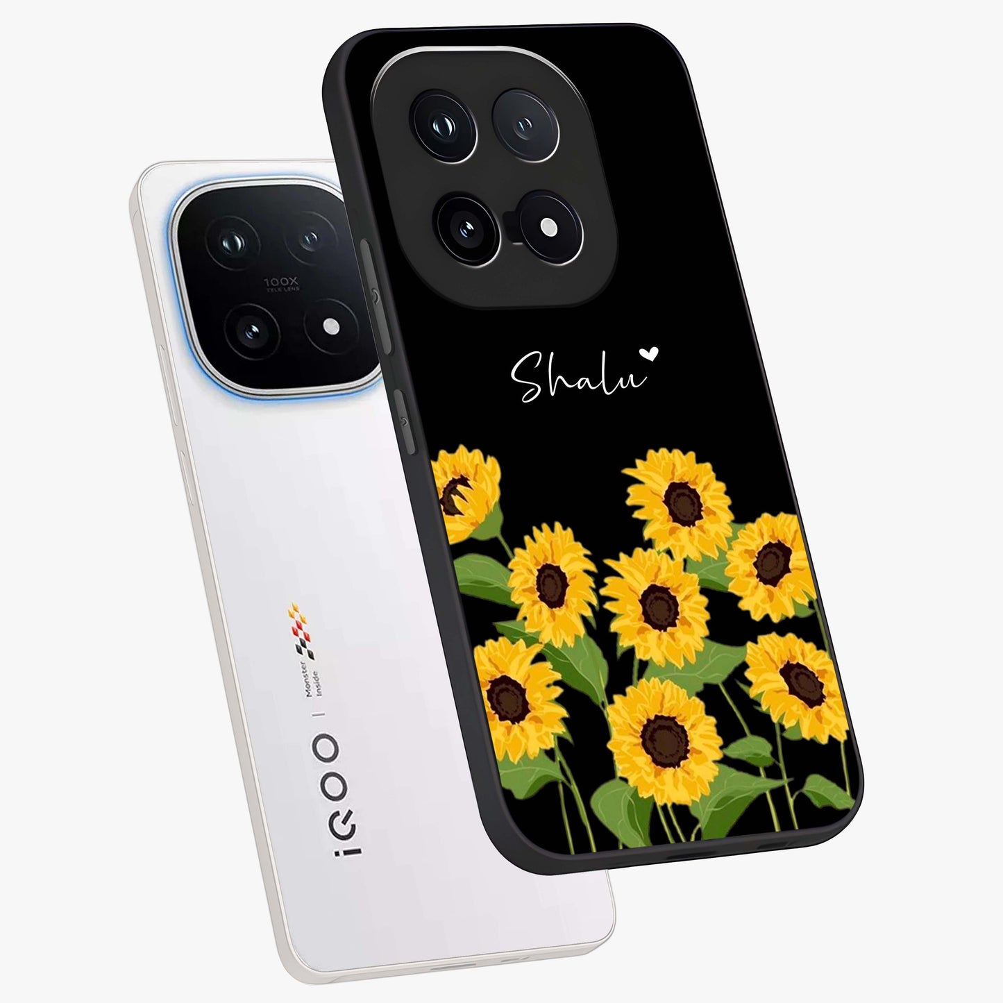 Sunflower Chic Mood Custom Name Glass Case displayed in angled mockup highlighting vibrant sunflower design with custom name feature.