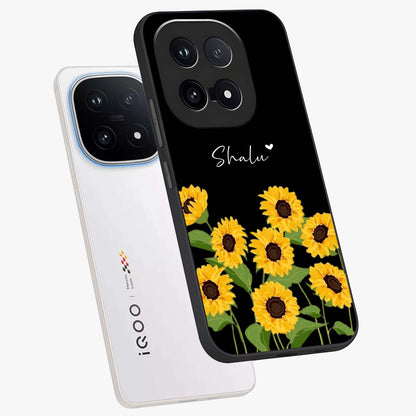 Sunflower Chic Mood Custom Name Glass Case displayed in angled mockup highlighting vibrant sunflower design with custom name feature.