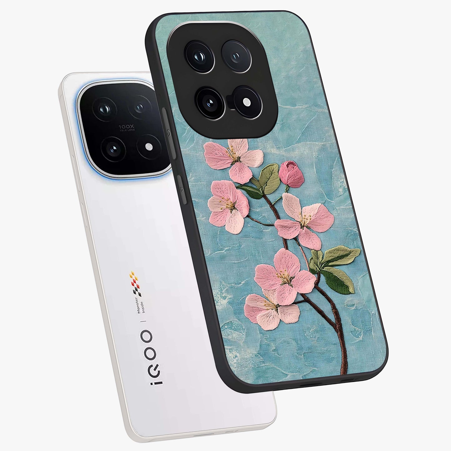 Threaded Blossom Breeze Glass Case displayed in angled mockup highlighting elegant floral design with soft aesthetic style.