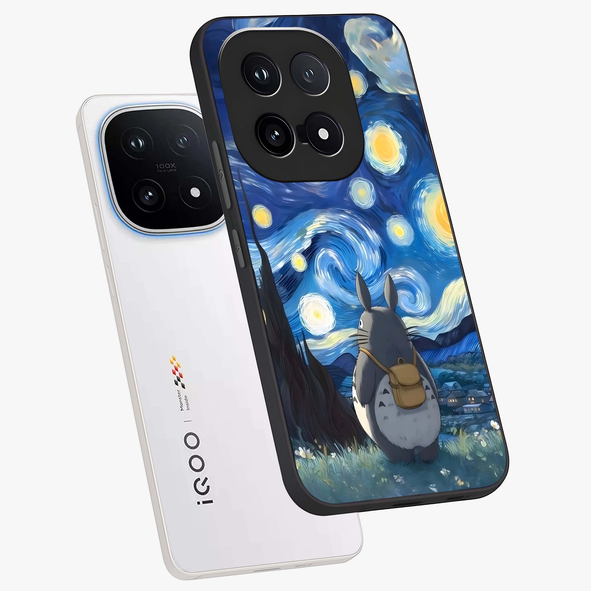 Totoro In Van Gogh Art Glass Case displayed in angled mockup highlighting artistic swirling sky design with playful animation aesthetic.