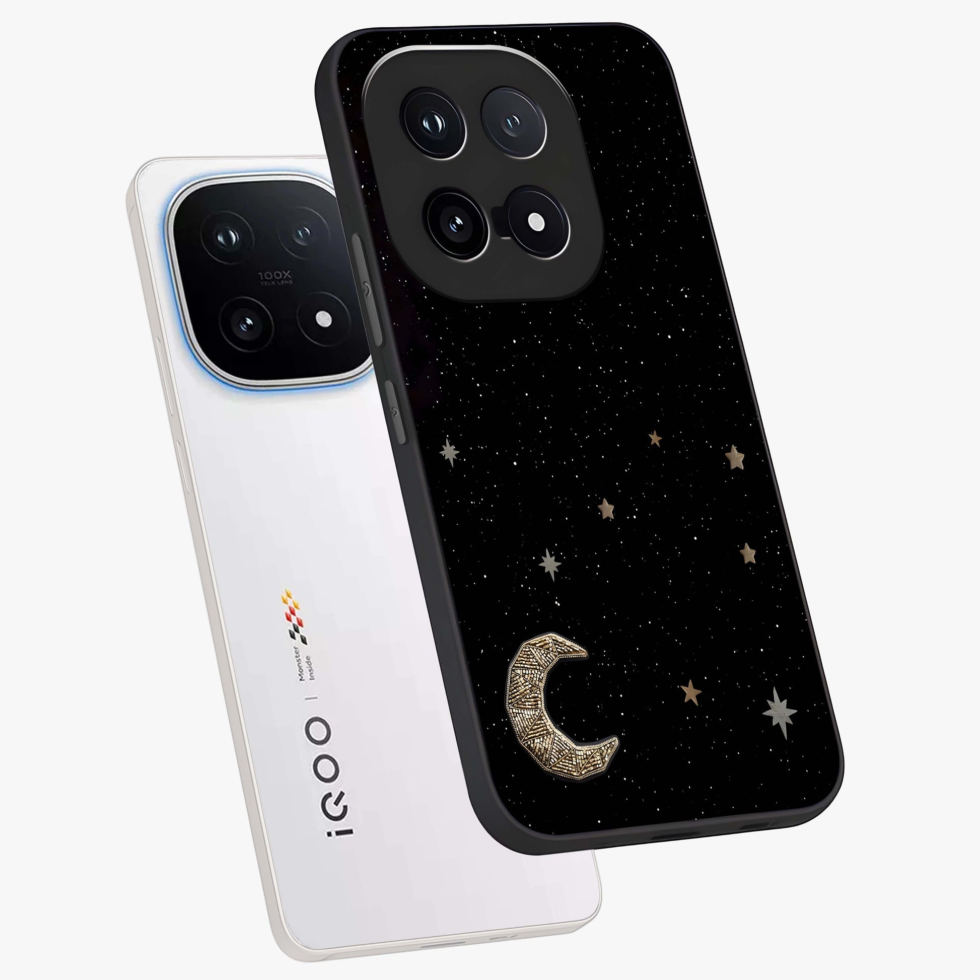 Twinkle Star With Half Moon Glass Case displayed in angled mockup highlighting celestial moon and star design with magical aesthetic.