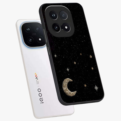 Twinkle Star With Half Moon Glass Case displayed in angled mockup highlighting celestial moon and star design with magical aesthetic.