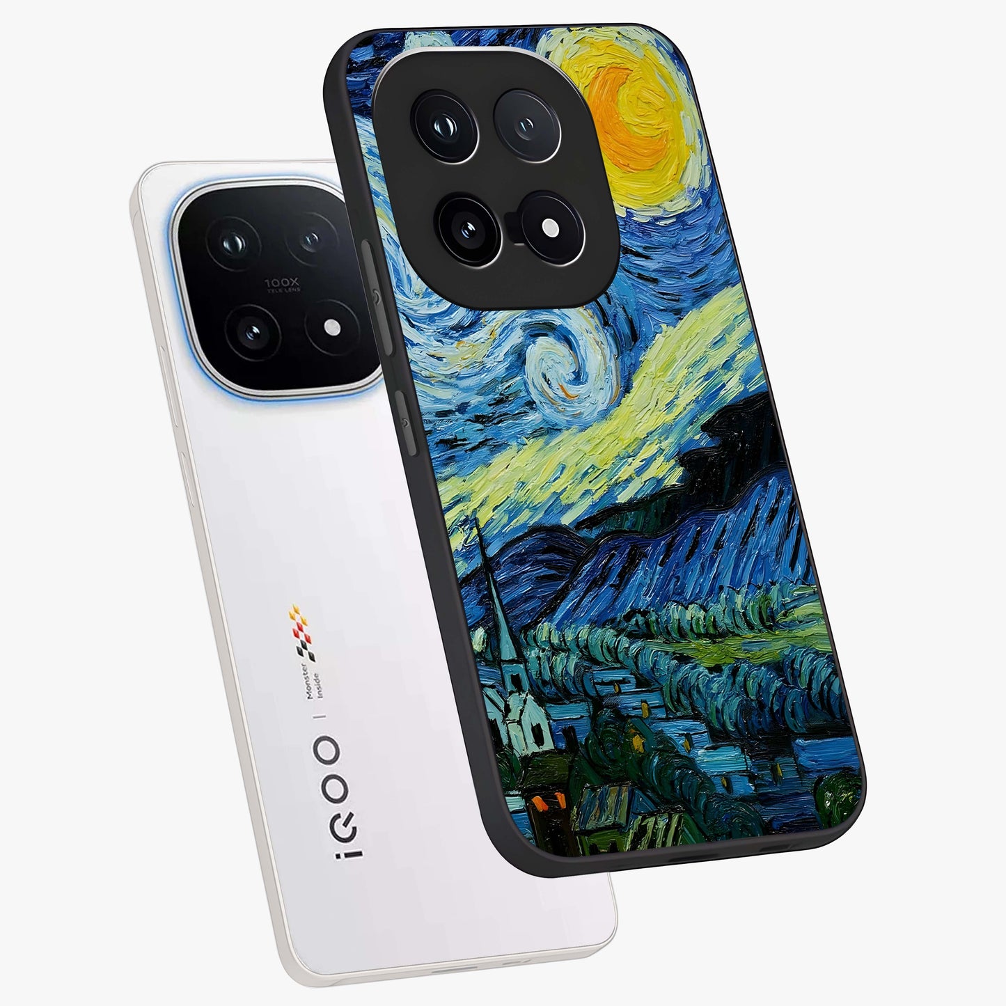 Van Gogh Art Glass Case displayed in angled mockup highlighting swirling brushstroke design with artistic aesthetic.