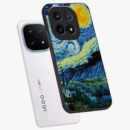 Van Gogh Art Glass Case displayed in angled mockup highlighting swirling brushstroke design with artistic aesthetic.
