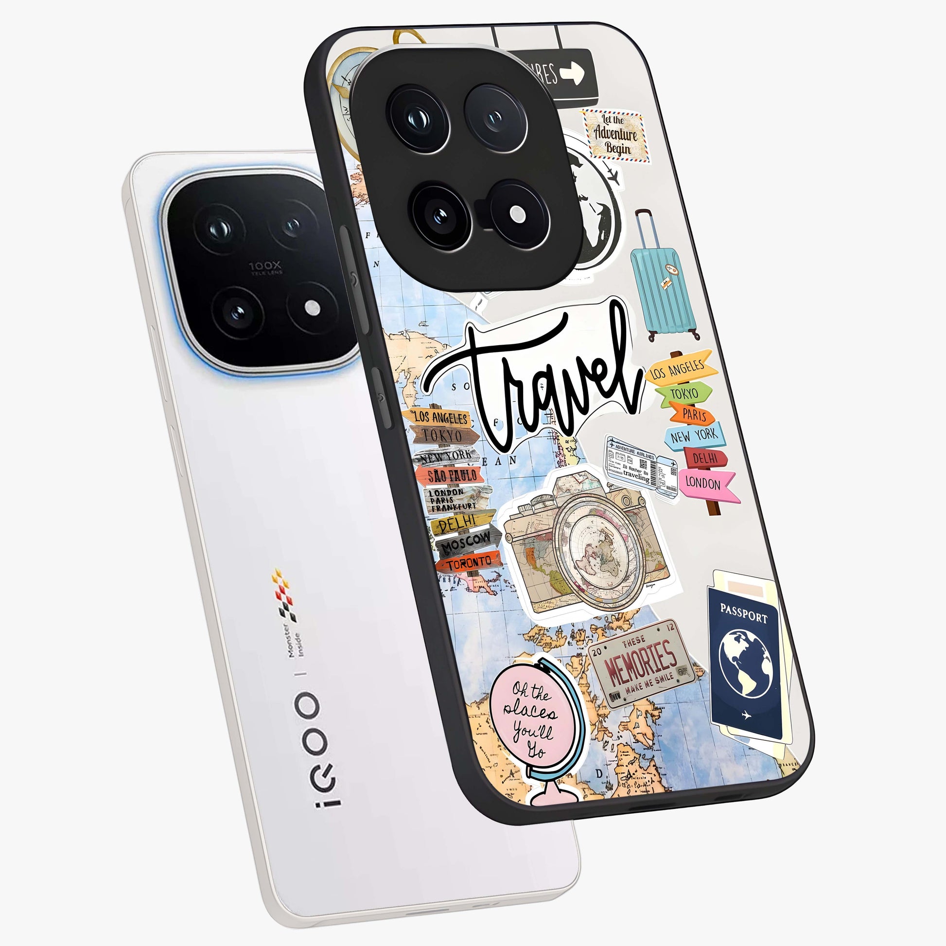 Wanderlust Journal Glass Case displayed in angled mockup highlighting adventure themed design with aesthetic travel vibe.