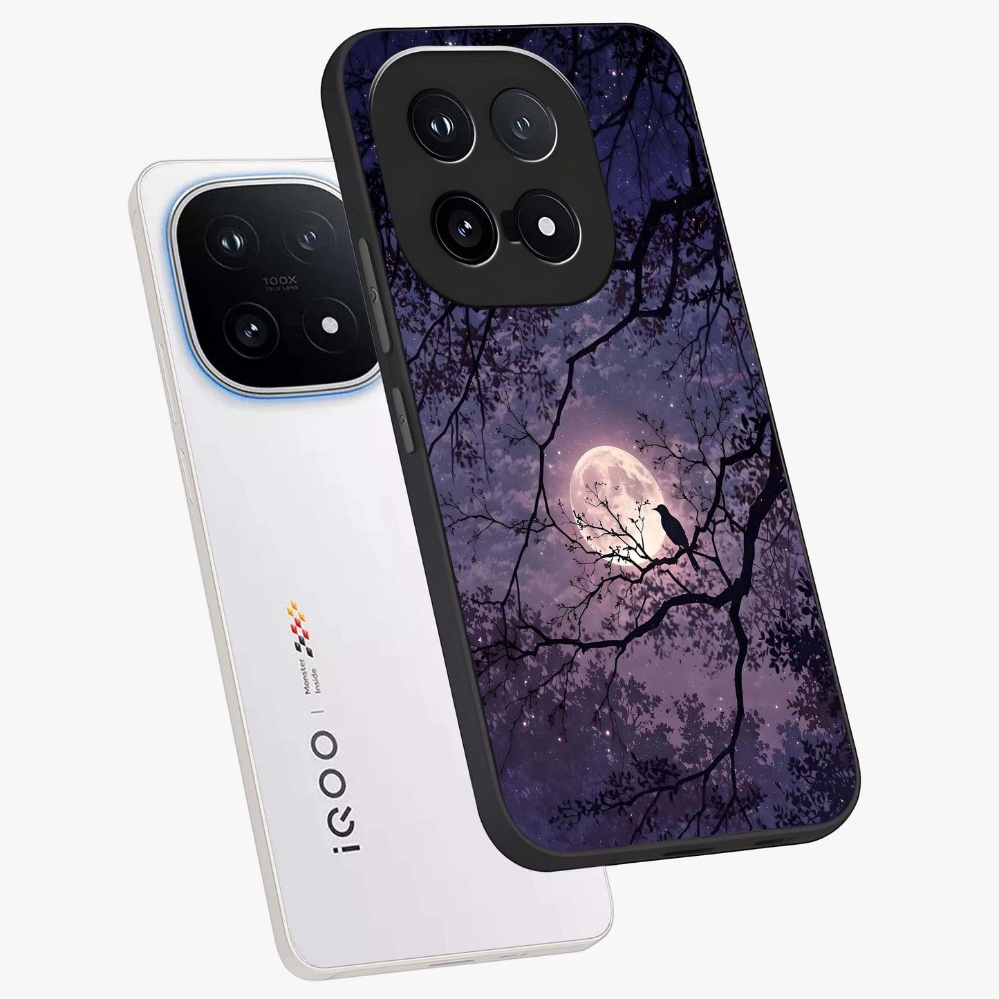 Whispering Moon Silence Glass Case displayed in angled mockup highlighting calm lunar design with dreamy night aesthetic.