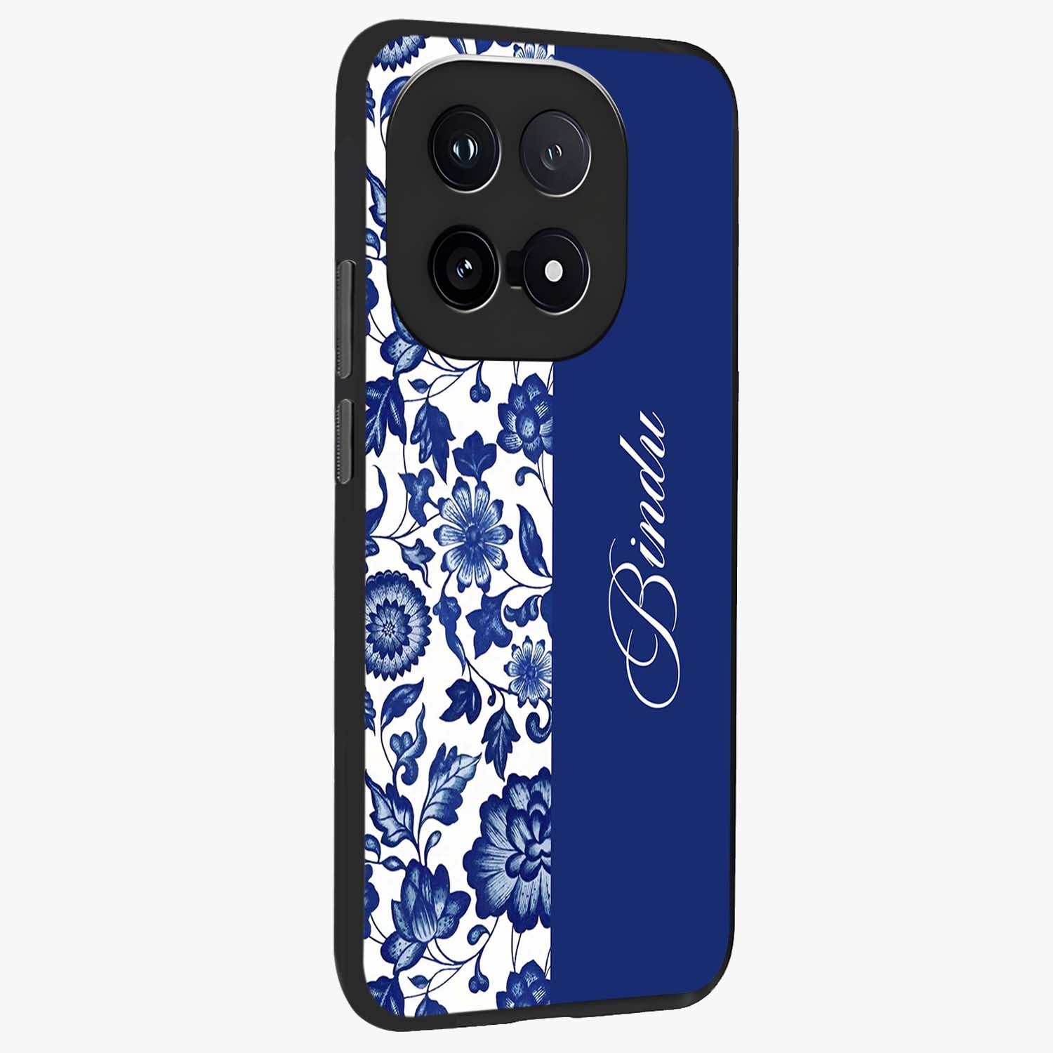 Blue Vintage Floral Pattern Glass Case upright view showcasing delicate blush floral texture with modern minimal style.