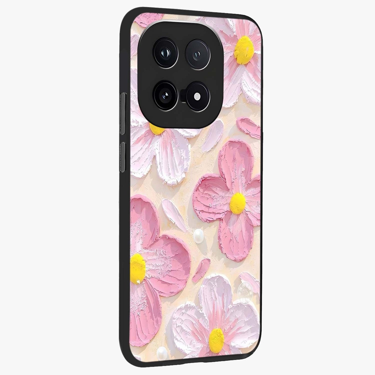 Blush Bloom Texture Glass Case upright view showcasing delicate blush floral texture with modern minimal style.