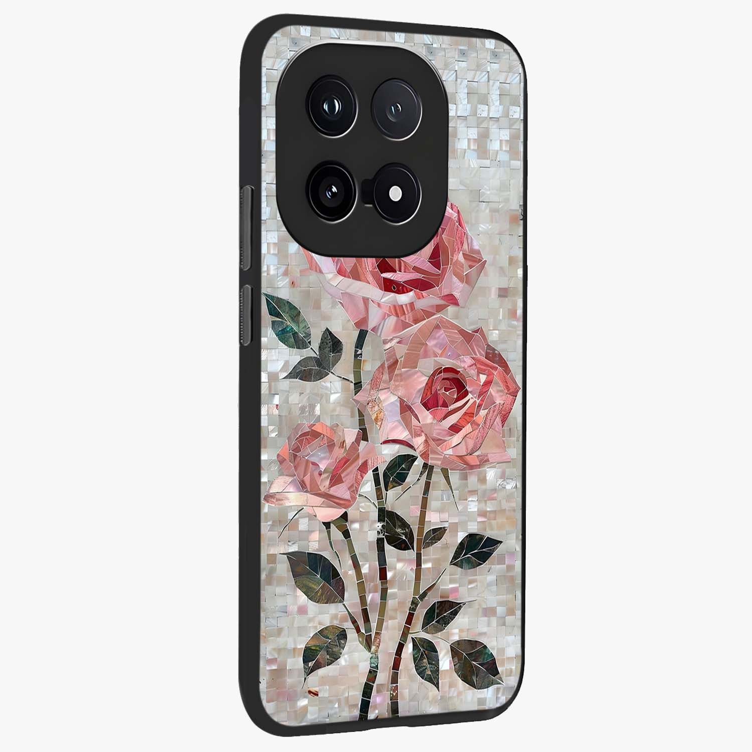 Blush Mosaic Bloom Glass Case upright view showcasing decorative floral mosaic artwork with stylish modern aesthetic.