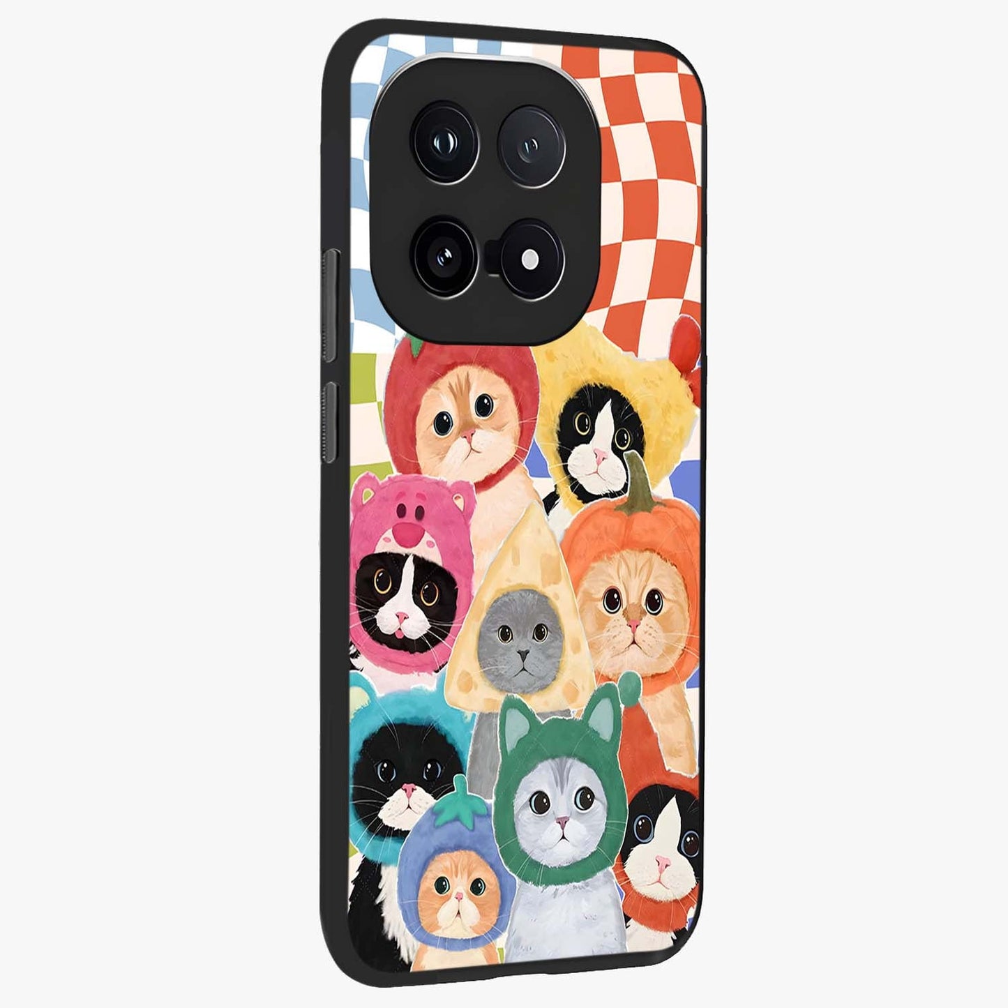 Cats in Fruits Glass Case upright view showcasing charming cat artwork with fun fruity theme.