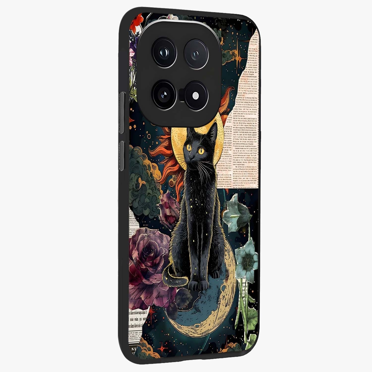 Celestial Black Cat Glass Case upright view showcasing magical black cat illustration with starry cosmic theme.
