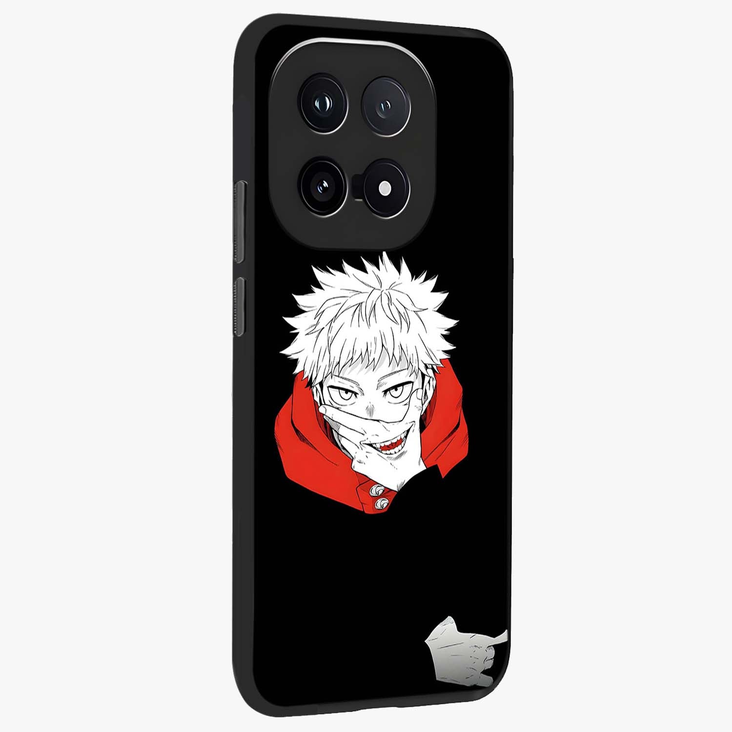 Crimson Chaos Smile Glass Case upright view showcasing expressive chaotic artwork with striking visual theme.