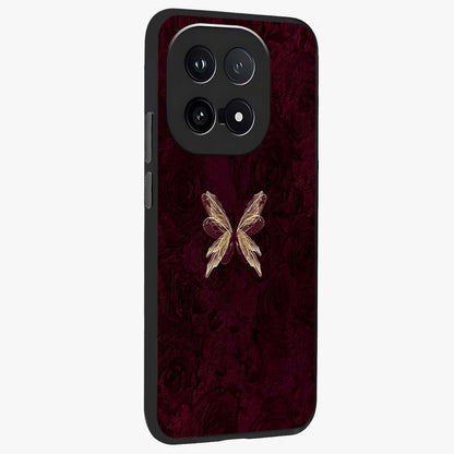 Crimson Fade Butterfly Glass Case upright view showcasing graceful butterfly artwork with soft crimson fade effect.