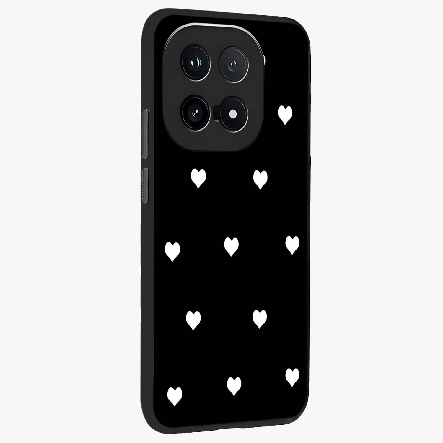 Cute And Simple White Hearts Glass Case upright view showcasing simple white hearts artwork with soft minimal theme.