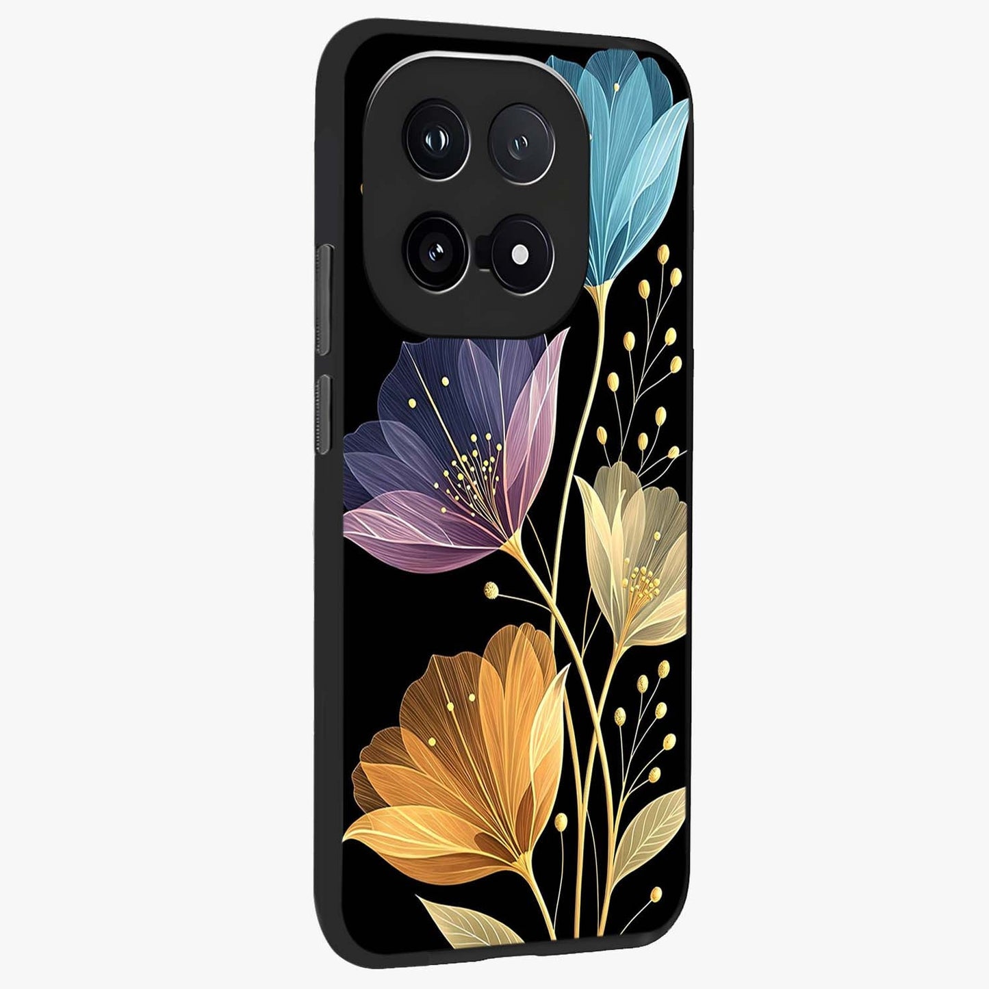 Delicate Multicolor Flowers Glass Case upright view showcasing delicate floral artwork with bright botanical theme.
