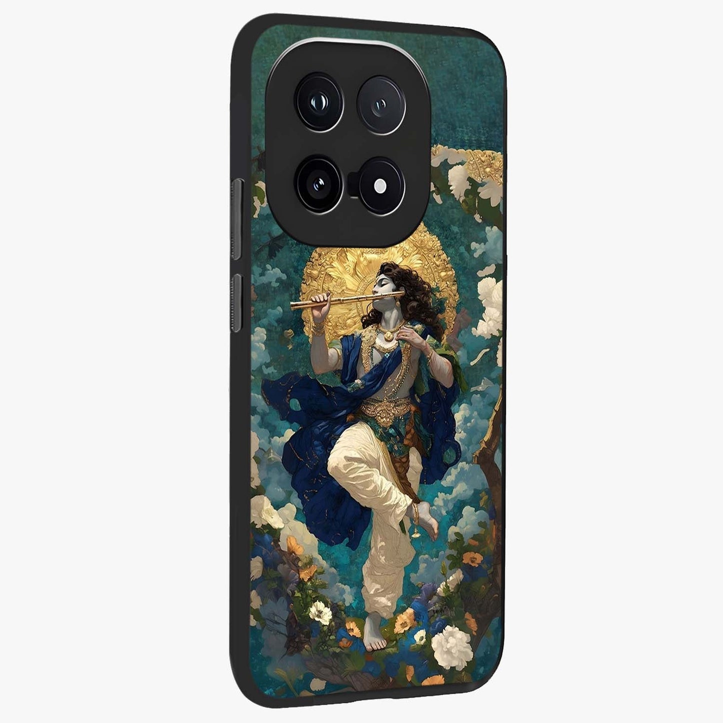 Divine Krishna Art Glass Case upright view showcasing divine Krishna artwork with sacred artistic theme.
