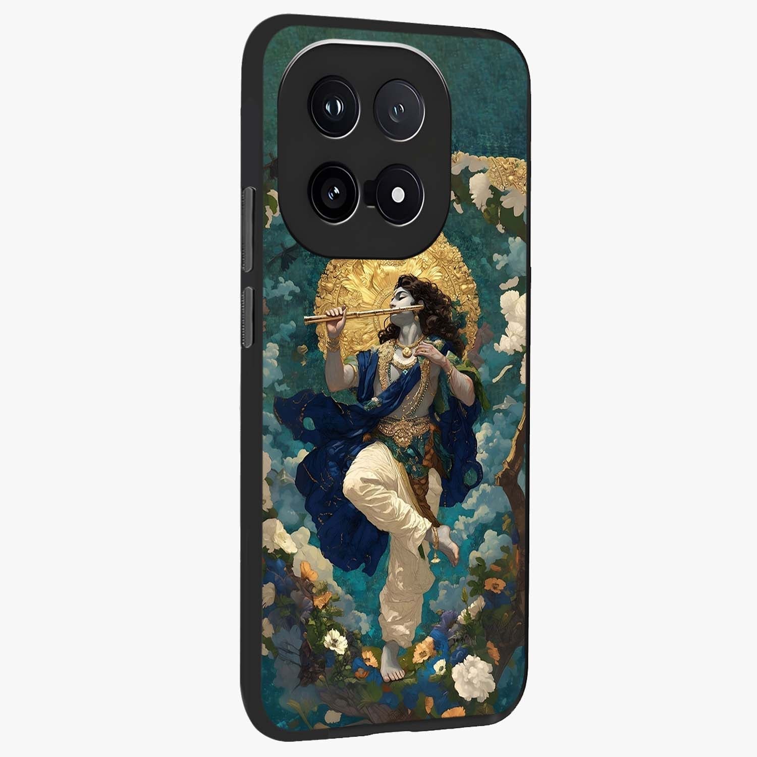 Divine Krishna Art Glass Case upright view showcasing divine Krishna artwork with sacred artistic theme.