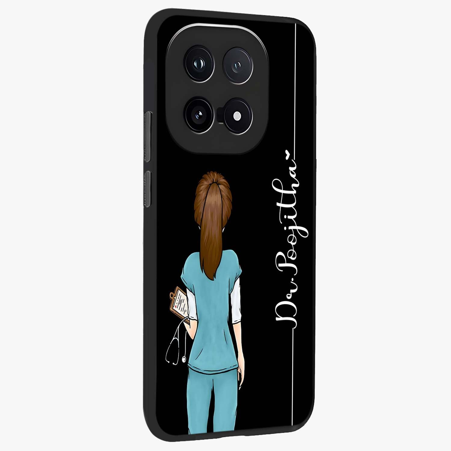 Doctor Pattern Custom Name Glass Case upright view showcasing healthcare themed design with personalized aesthetic.