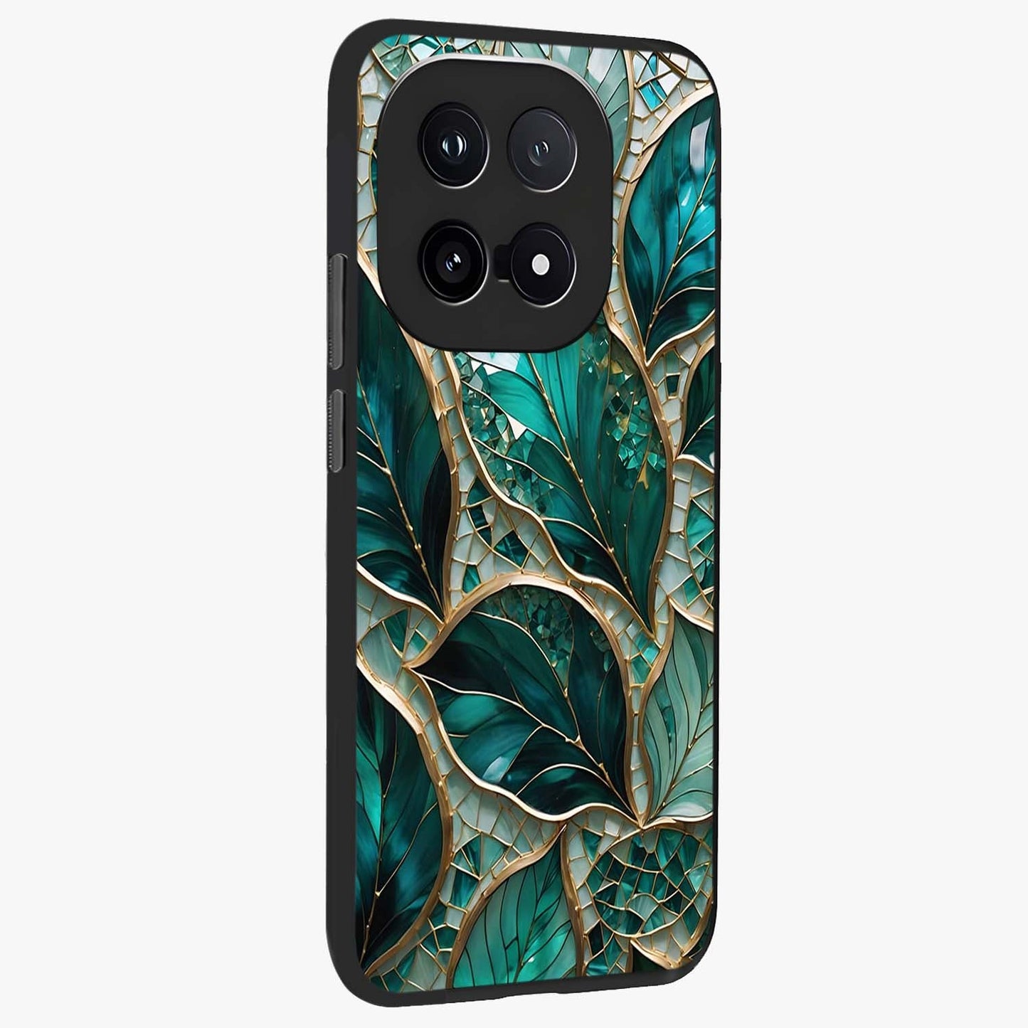 Emerald Leaf Glass Glass Case upright view showcasing fresh green leaf artwork with calming nature inspired style.