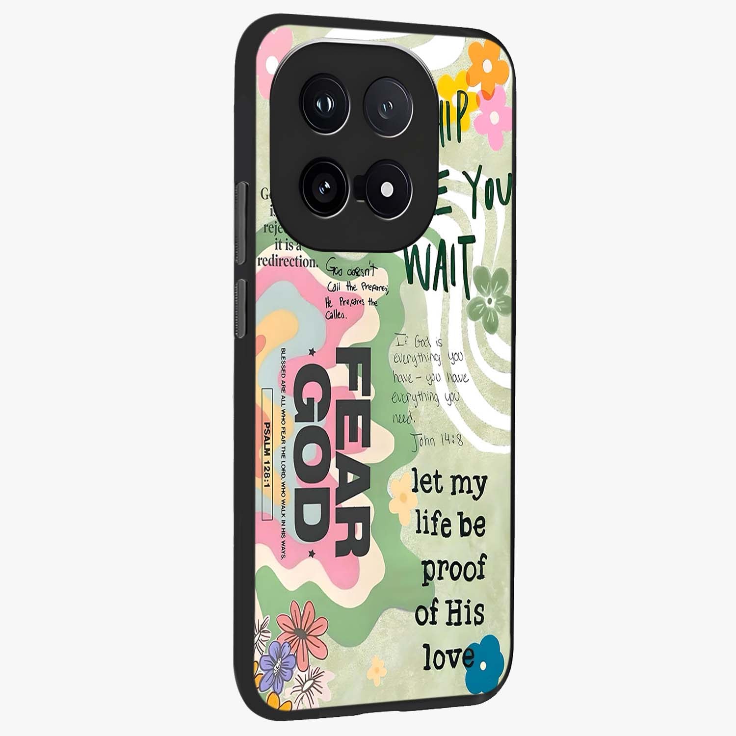 Faith Over Fear Glass Case upright view showcasing bold typography artwork with uplifting motivational theme.