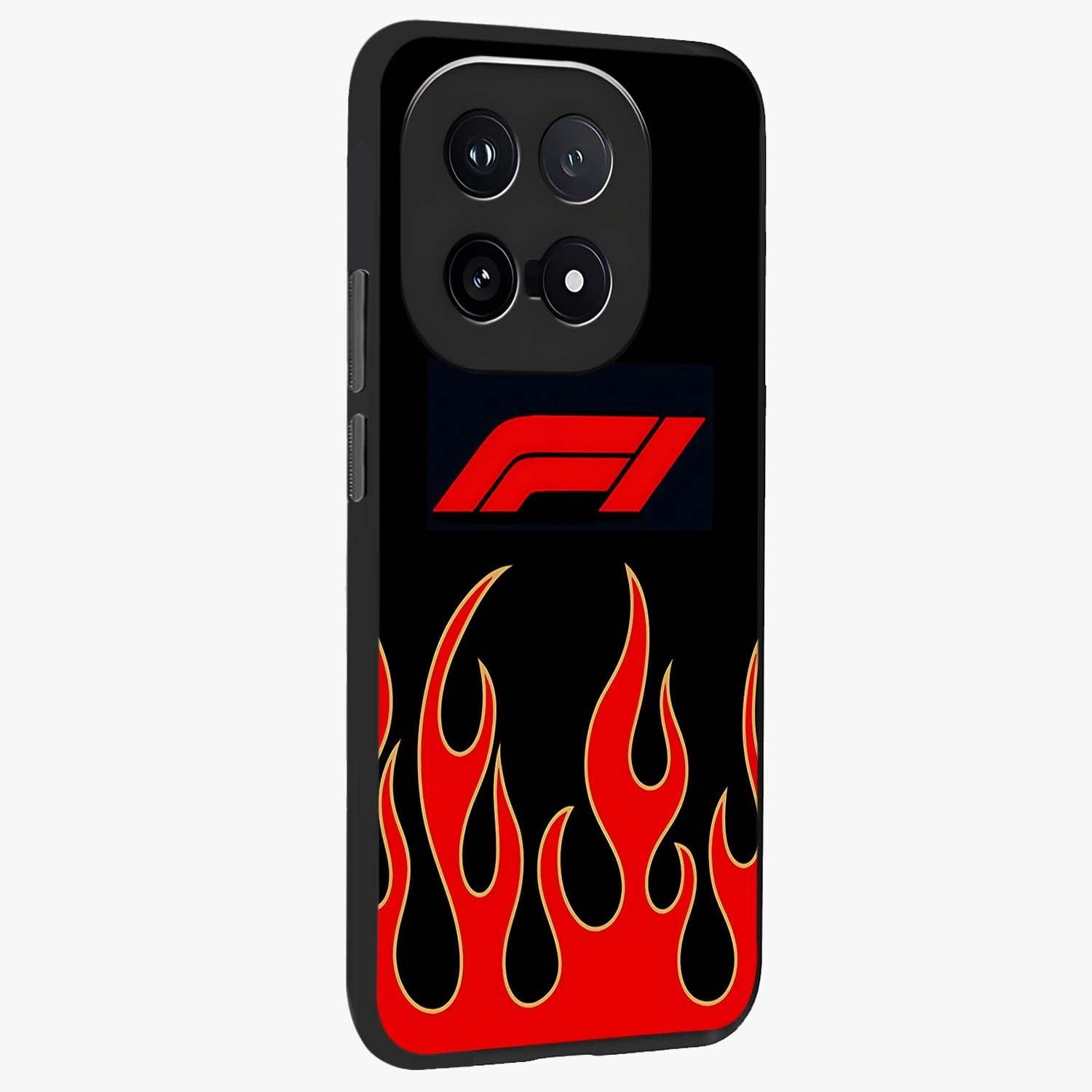 Fire F11 Glass Case upright view showcasing dynamic flame artwork with intense visual theme.